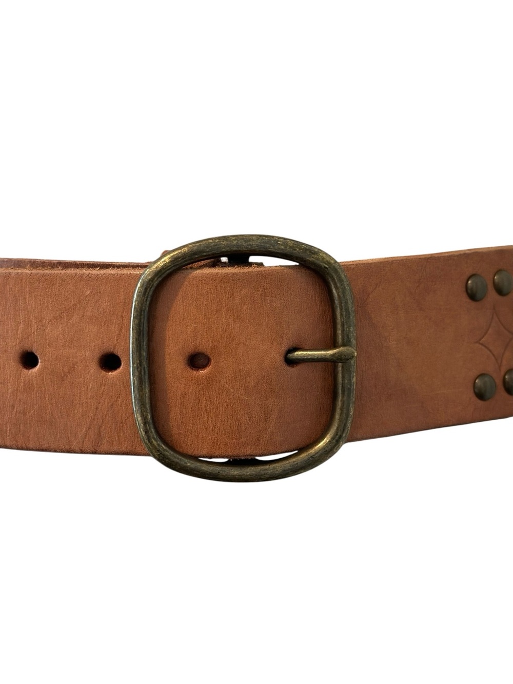 Wide Brown Leather Studded Waist Belt with Brass Buckle - Picture 6 of 14